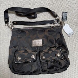 Coach Poppy Signature Glam Tote / Shoulder Bag Black Brown C Logo Nylon